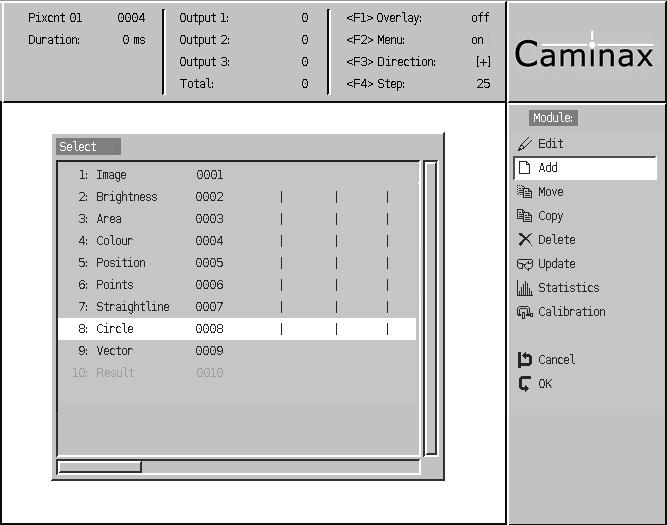 Caminax Set-Up Tasks, Modules and Windows Set-Up Tasks, Modules and Windows The cursor jumps into the Module list.