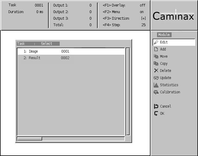 Exercise step 2: Configure the Image Taking Caminax The cursor jumps into the Module list.