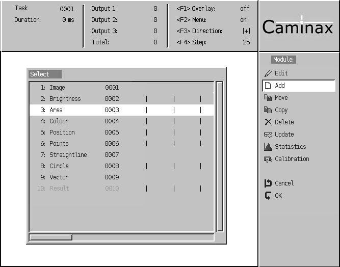 Caminax Exercise Step 3: Insert the Module»Area«3 Select 3: Area in the dialog, then push Enter. The Area set-up menu appears.