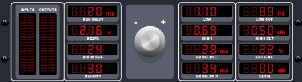 The PRE DELAY slider controls the amount of time before the reverb is heard following the source signal. DECAY controls the amount of time it takes for the reverb to dissipate.
