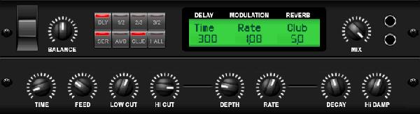 The BALANCE knob adjusts the ratio between delay and chorus. SPEED, DELAY and DEPTH adjust the rate, delay, and modulation depth of the chorus.