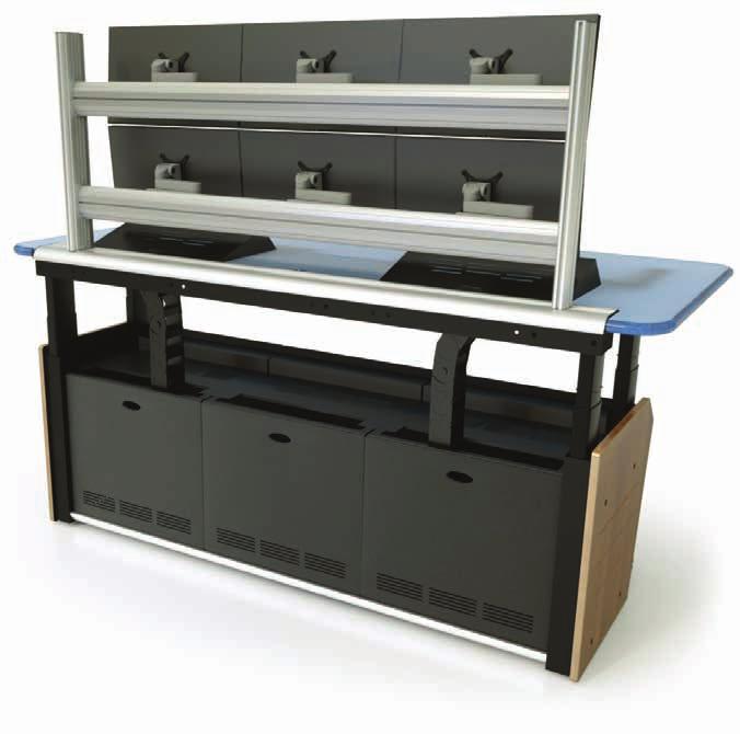 E Series Features Drop Well Infill Panel 2RU Turret Optional CPU Pull-out Shelf MODULAR COMPONENTS: Modular countertop infill panels (w/cable access ports) or equipment turrets can be added as
