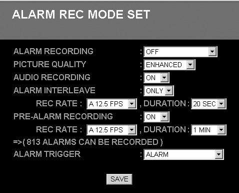 2 MENU-SPECIFIC SETTINGS 9. ALARM REC MODE SET Setting the picture quality for recording Set the recording conditions for alarm recording as follows.