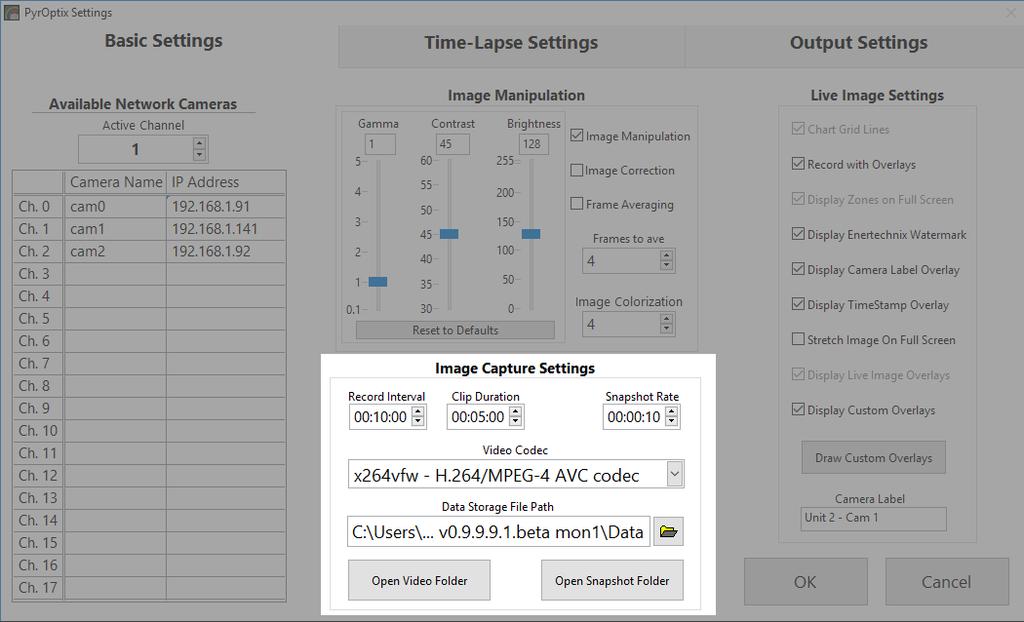 2.5 Basic Settings - Image Capture Settings Basic Settings - Image Capture Settings Record Interval: Defines the interval that is used for Record Segments Clip Duration: Defines the duration of the