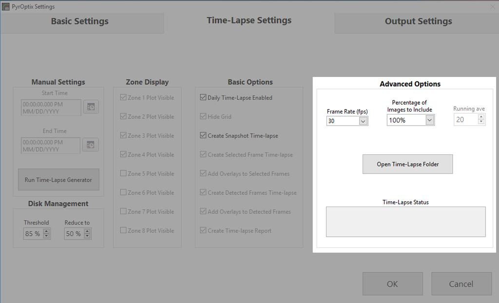 2.10 Time-Lapse Settings - Advanced Options Time-Lapse Settings - Advanced Options Frame Rate (fps): The playback rate of the videos Percentage of Images to Include: The percent of images captured