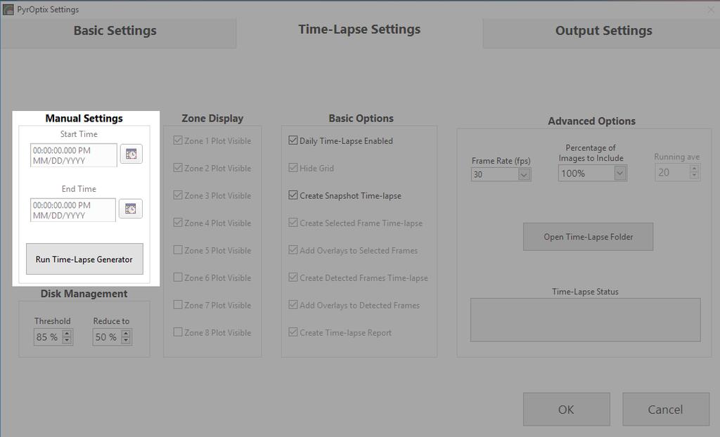 2.11 Time-Lapse Settings - Manual Settings Time-Lapse Settings - Manual Settings Run Time-Lapse Generator: Manually starts the time-lapse generator for the previous day s data Start Time: Allows the