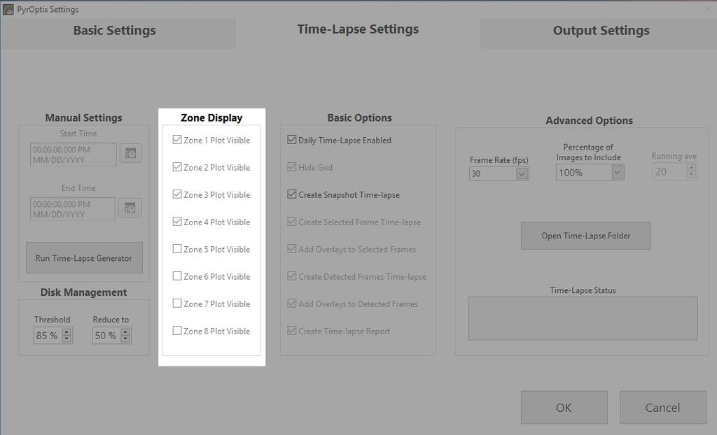 2.12 Time-Lapse Settings - Zone Display Time-Lapse Settings Zone Display Zone 1 Plot Visible: Shows/Hides the zone s data on the Time-lapse Report video Zone 2 Plot Visible: Shows/Hides the zone s