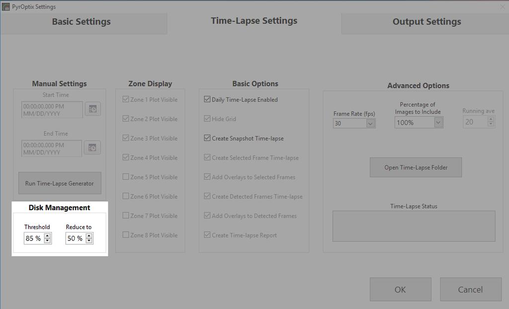 2.13 Time-Lapse Settings - Disk Management Time-Lapse Settings Disk Management Threshold: Every minute, the software scans the drive where the data is being stored and if it reaches the defined