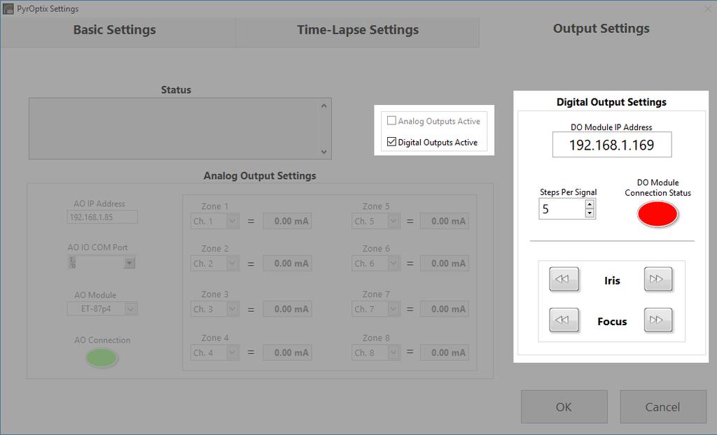 2.14 Output Settings - Digital Output Settings Output Settings Digital Outputs Digital Outputs Active: Enables the digital outputs (Note: In order for the features associated with the Digital Outputs