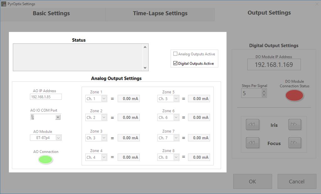 2.15 Output Settings - Analog Output Settings Output Settings Analog Outputs Analog Outputs Active: Enables the analog outputs Status: Displays general information about the status of the analog