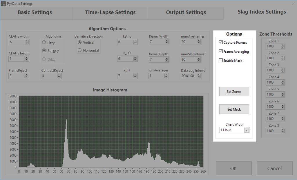 2.17 Slag Index Settings - Options Slag Index Settings Outputs Capture Frames: Enables the program to capture the detected and selected frames based on the data log interval Frame Averaging: Enables