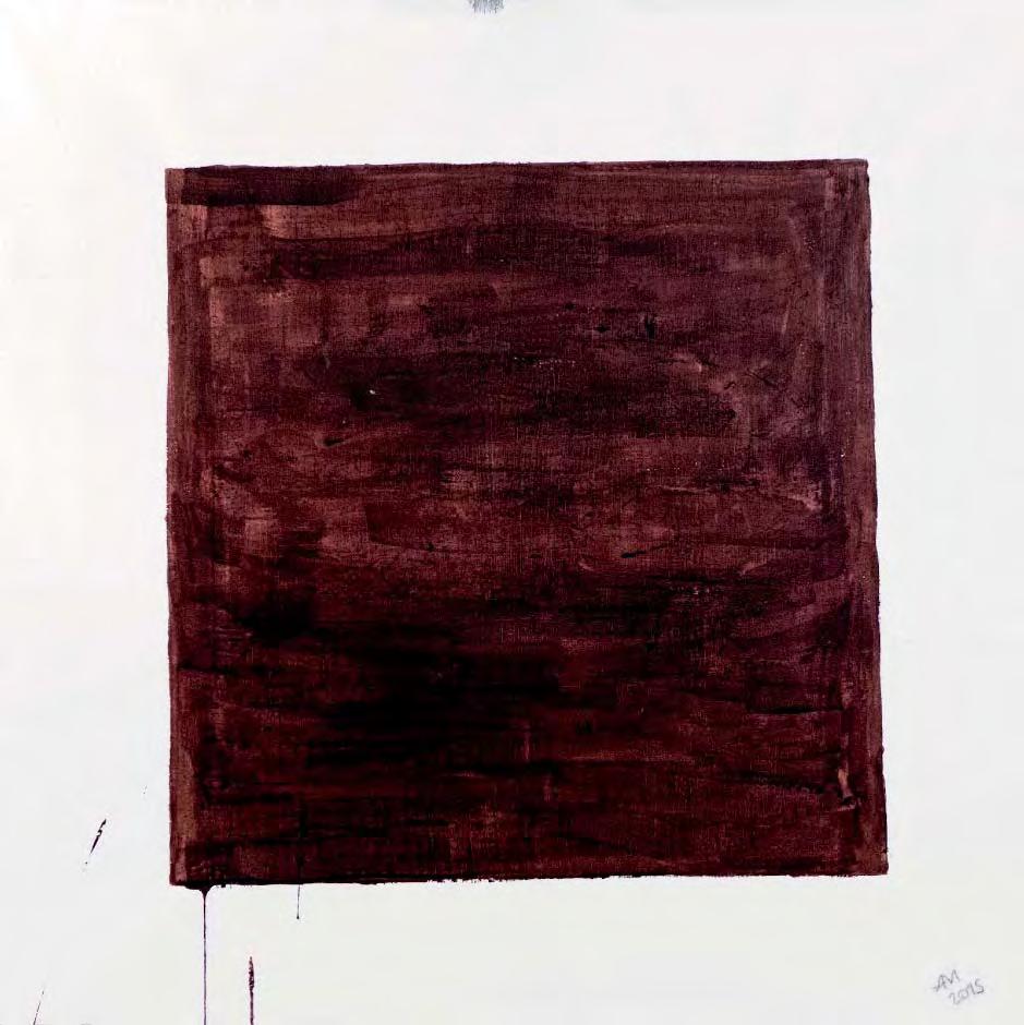 BLACK SQUARE (2015) (Private collection, Moscow, Russia) Canvas, primer, blood (79,5 см Х 79,5 см) Square, painted with red blood, slowly darkens and has already turned from the bright pink colour to