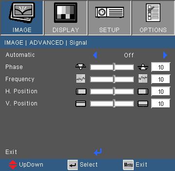 User Controls IMAGE Advanced Signal (RGB) Signal is only supported in Analog VGA (RGB) signal. Automatic Automatically selects the singal.