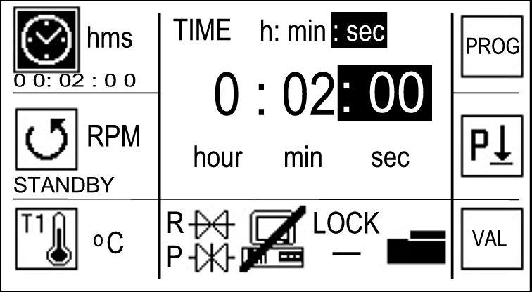 Picture 2.7: Submenu for the input of operating period in hours and minutes Enter the desired time by turning the rotary knob. In each case, the parameters that are to be modified are highlighted.