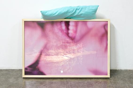 Adriano La Licata Even the River was Laughing. Framed C-Print, pillow and DIA projection. 130 x 180 cm.