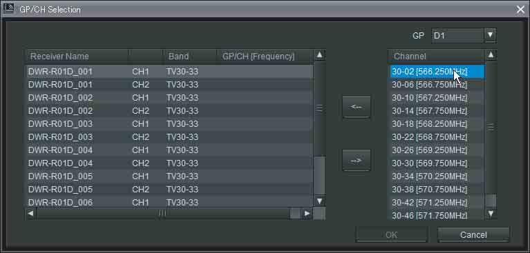 3 Select a frequency group under [GP] in the upper-right part of the [GP/CH Selection] dialog box.