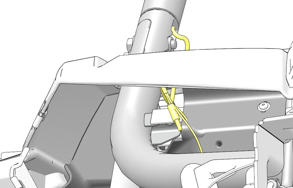 Route electrical harness bullet connector and two ring terminals into hole at top of passenger side A-pillar, down ROPS, out of welded coupler at base of pillar, and into under-hood compartment