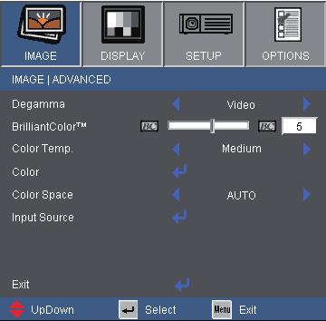 User Controls IMAGE Advanced Degamma This allows you to choose a degamma table that has been fine-tuned to bring out the best image quality for the input. Film: for home theater.