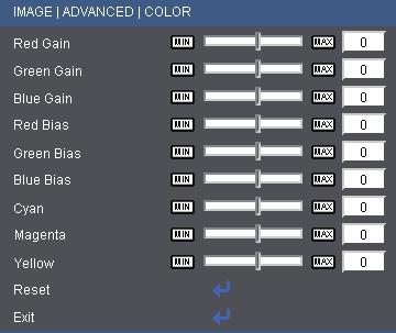 User Controls Advanced Color Color Use these settings for advanced adjustment of the individual Red, Green, Blue, Cyan,