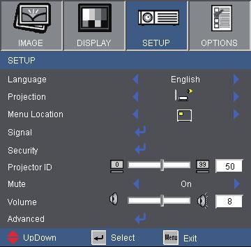 User Controls SETUP Menu Location Choose the menu location on the display screen.