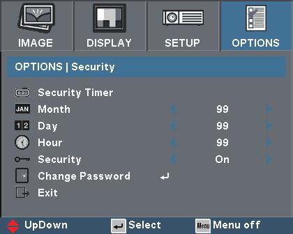 User Controls Options Security Setting Security Timer Can be select the month/day/hour function. Month Can be select the month function to set the number of month the projector can be used.