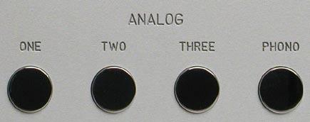 INPUT SELECTIONS To select an analog input, press one of the ANALOG pushbuttons labeled ONE, TWO, THREE or PHONO.