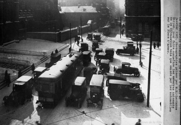 Traffic Jam at Place D Armes in Montreal- 1925 Source: Archives de Montreal.