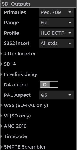 SDI Output Profile When the SDI Outputs block is selected (title bar highlighted) additional menu options appear at the right of the screen.
