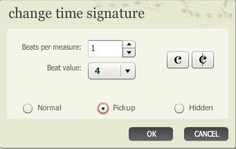 The visible time signature is nt adjusted. Hidden: the time signature in the selected measures is changed t the specified number and type f beat, but the visible time signature is nt changed.
