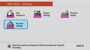 Main Menu - Settings Recorder Settings Recording START Offset Adjust the time before a scheduled booking the SNT7070 starts to record. The Default is set at 1 Minute.