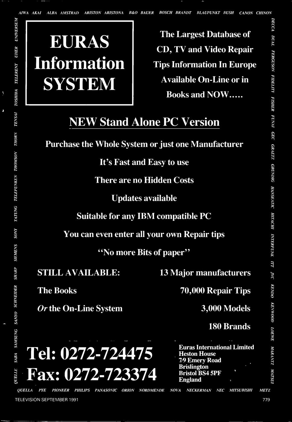 any IBM compatible PC You can even enter all your own Repair tips "No more Bits of paper" STILL AVAILABLE: The Books Or the On -Line System 13 Major manufacturers 70,000 Repair Tips 3,000 Models 180