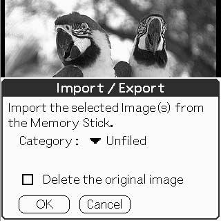 To cancel the Import, tap Cancel or press the Back button of the CLIE handheld to return to Full Screen Mode. 1 Setup and Startup 2 Import icon Category list Importing multiple pictures 1.