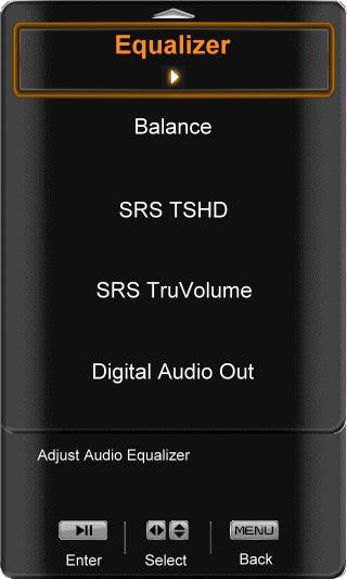 Audio Menu 1. Press the MENU button on the remote control and the Picture menu will be shown on the screen. 2. Press! or " on the remote control to highlight the Audio menu, and then press #II to select it.