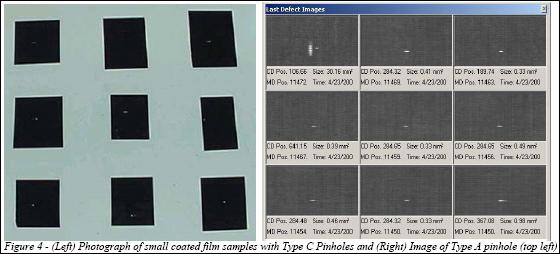 square meter are trended for process monitoring. In addition, images of mapped defects are displayed and defects that repeat are alarmed. Figure 4 shows examples of coating pinhole type defects.