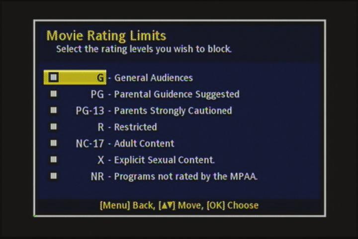 b. If you selected Movies, the Movie Rating Limits menu opens. Press or to select the Movie rating you want, then press OK.