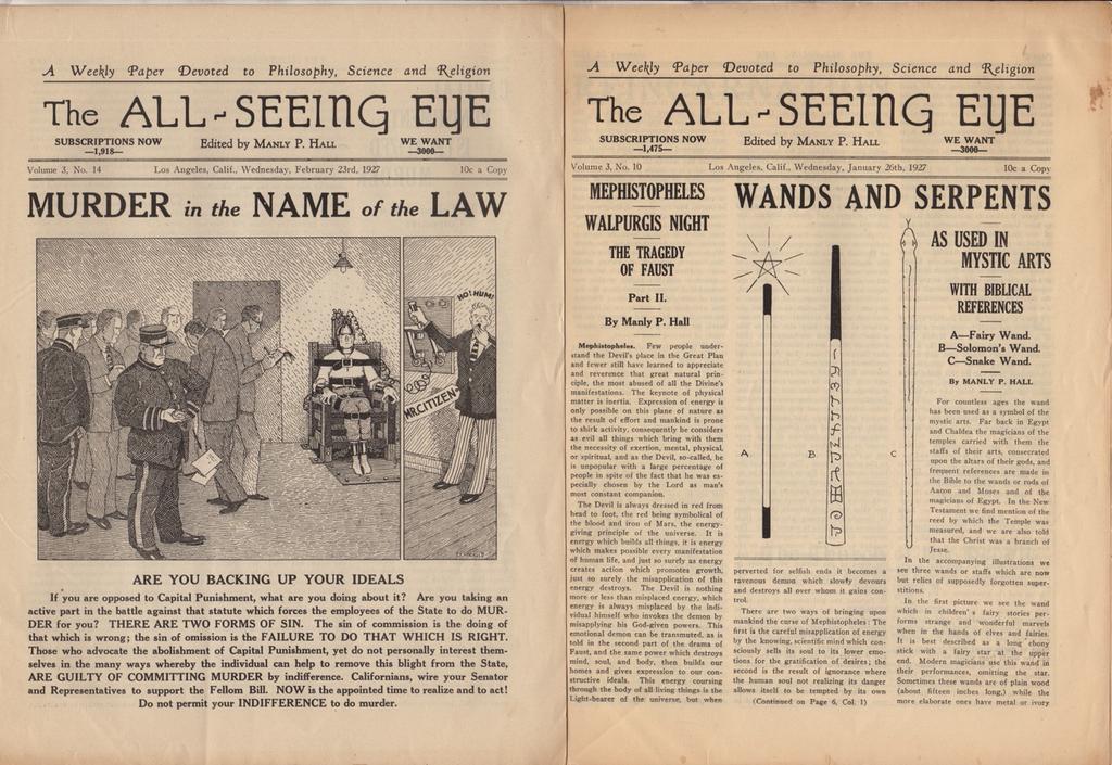 3) ALL SEEING EYE. A Weekly Paper Devoted to Philosophy, Science and Religion. Five issues sold together, all are Volume 3 1927, Issues No.9 [date misprinted as 1926], No.10, No.13, No.14, No.