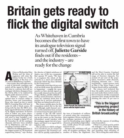 87 REPORT ON THE FIRST DIGITAL TV SWITCHOVER IN WHITEHAVEN / COPELAND, CUMBRIA