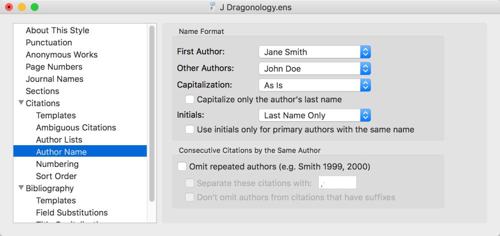 Author Name The Author Name section controls how the authors names will appear within the formatted citation. The default here is the appropriate choice for most in-text citations Last Name Only.