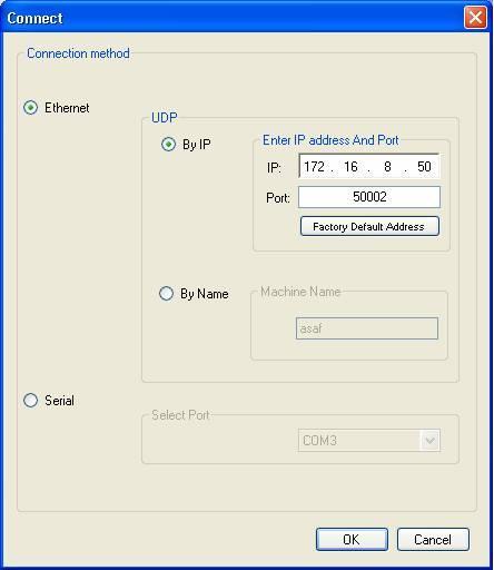 Figure 8: Connect Screen 2. Select the method to connect to the Ethernet port of the VP-4x4K. Select: Ethernet, if you know the IP address number or the machine name.