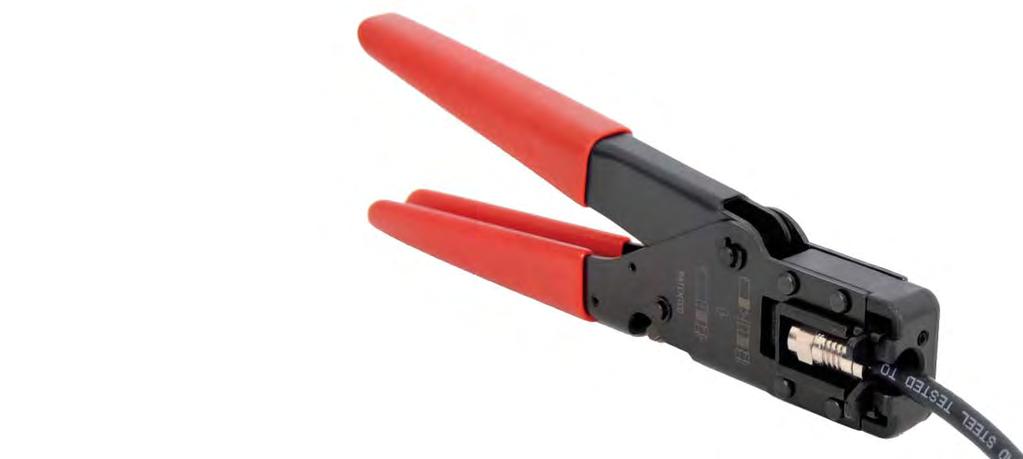 to avoid over crimping Steel frame construction and long lasting use PVC handle for a comfortable grip ICACSCT01E Stripping Lengths for Coax Cable STRIPPING LENGTHS CHART F-TYPE CONNECTORS