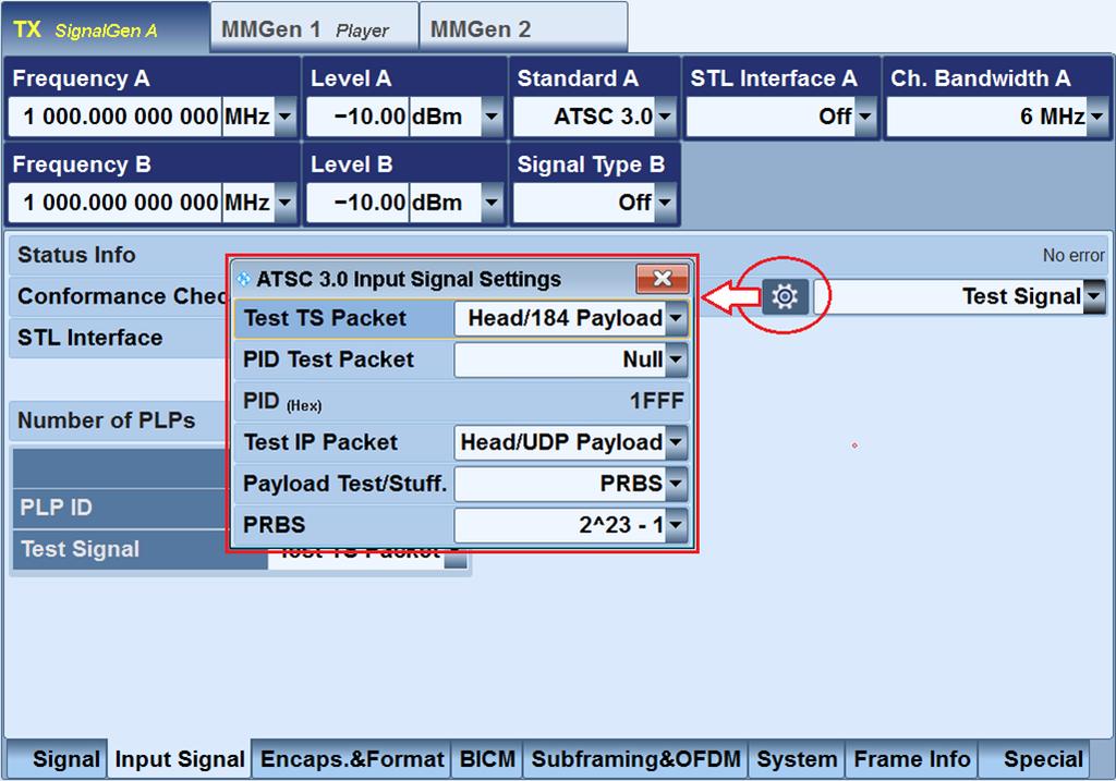 Settings for ATSC 3.0 2.1.1.3 Source = Test Signal Test IP packets or test TS packets are generated internally in the modulator, to be used as content for the transmission. Fig.