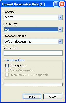 4. In the File system list, select FAT and then click Start. The USB drive is formatted with the FAT file system.