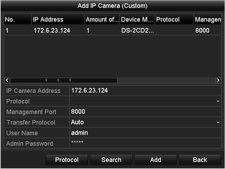 1) Click the Custom Adding button to pop up the Add IP Camera (Custom) interface. 2) You can edit the IP address, protocol, management port, and other information of the IP camera to be added.