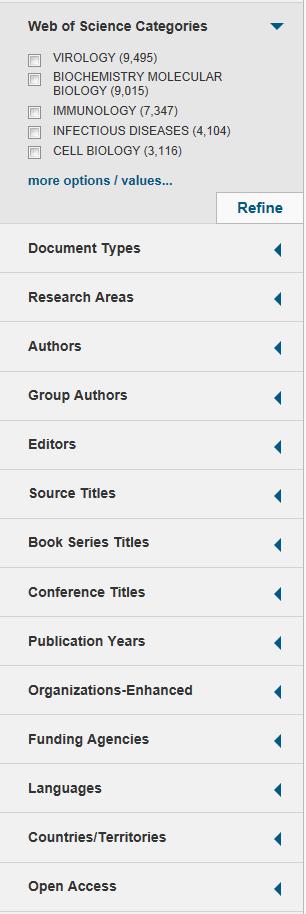 ) 3) 150 Broad Research Areas 4) Authors 5) Group Authors 6) Editors 7) Source Titles (Journal Titles) 8) Book Series Titles 9)