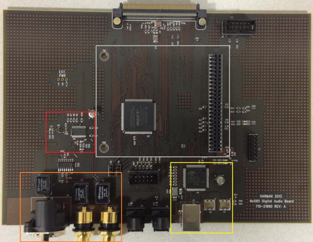 Digital Audio Board Transformer-coupled coax and AES/EBU digital inputs for maximum signal integrity (orange rectangle).