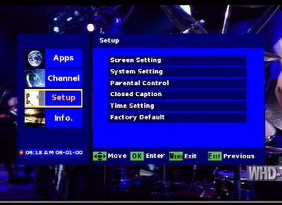 4.4 Menu/Setup. In Setup sub-menu, user can set OSD Language Audio Language TV 4.4.1 Screen Setting. Press menu key to enter the Main Menu.