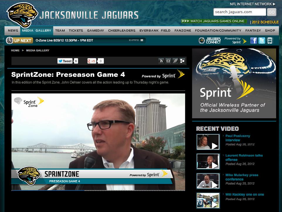 SprintZone Exclusive Content NEW TEXT MESSAGE: NEW JAGUARS VIDEO NOW AVAILABLE! CLICK HERE TO WATCH A weekly behind-the-scenes video with jaguars.com Senior Writer John Oehser.