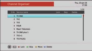 1 Channel Organiser Through the Channel Organiser sub-menu you can Lock, Skip, Move or Delete channels.