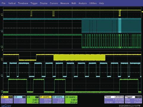 Long Capture Time Standard fast acquisition memory of 10 Mpts/Ch provides long capture time. This greatly assists in debugging common circuit problems such as clock/data issues and timing errors.