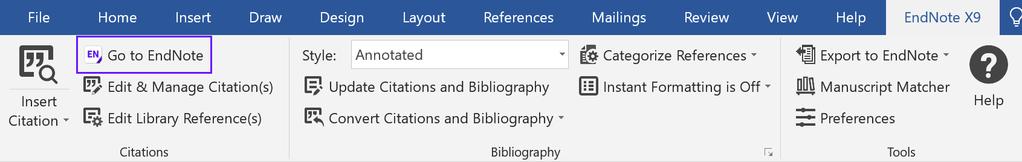 EndNote X9 Guided Tour: Windows Page 33 of 41 a. Click the top part of the Insert Citation button. b. The EndNote Find & Insert My References window appears.
